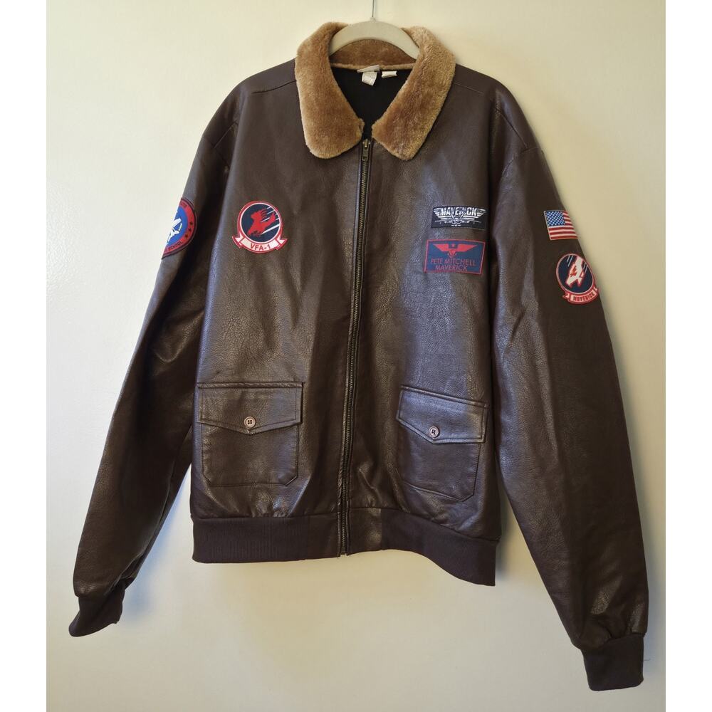 Top Gun Maverick Bomber Jacket Adult XL Faux Leather Flight Coat Costume EUC